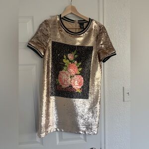True Religion gold & black sequin t shirt dress with Floral Print